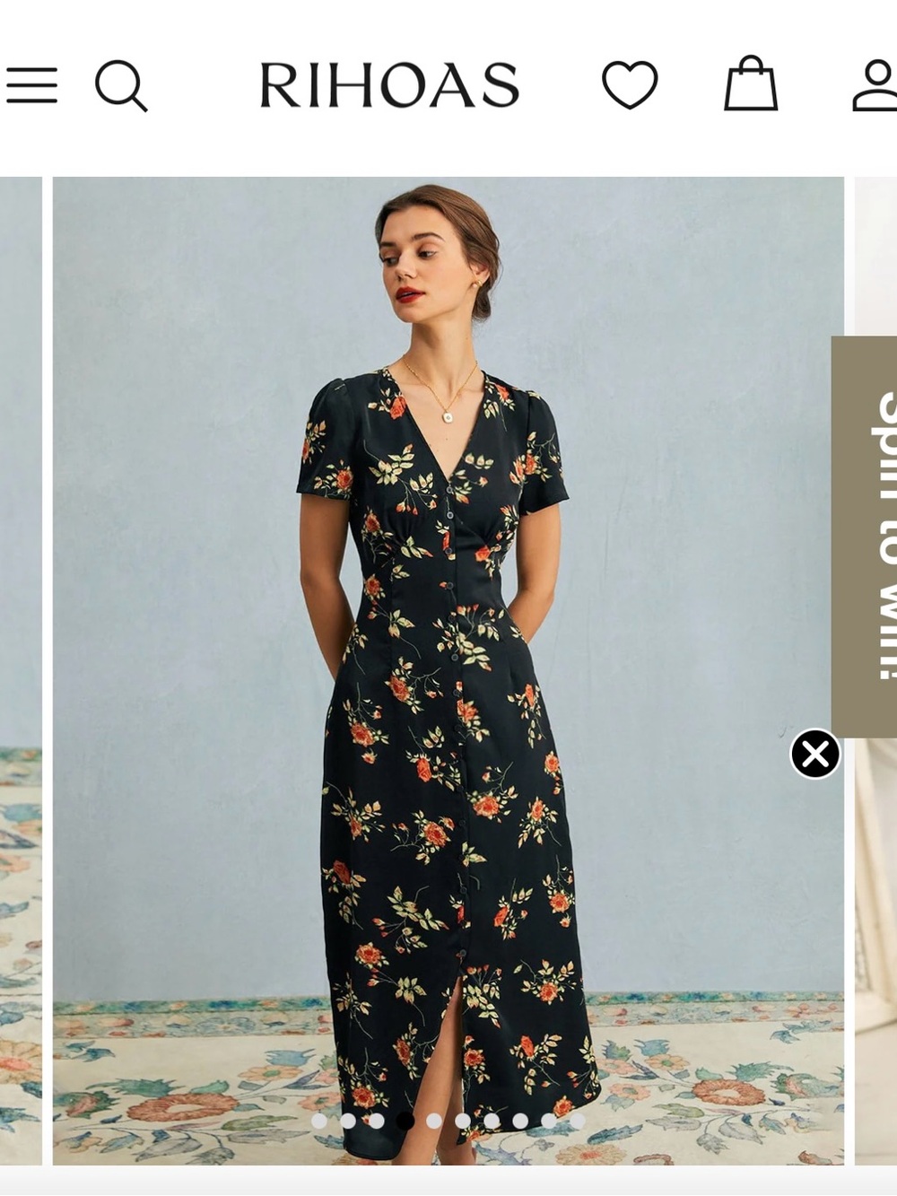 RIHOAS Black Floral Button-Front Midi Dress